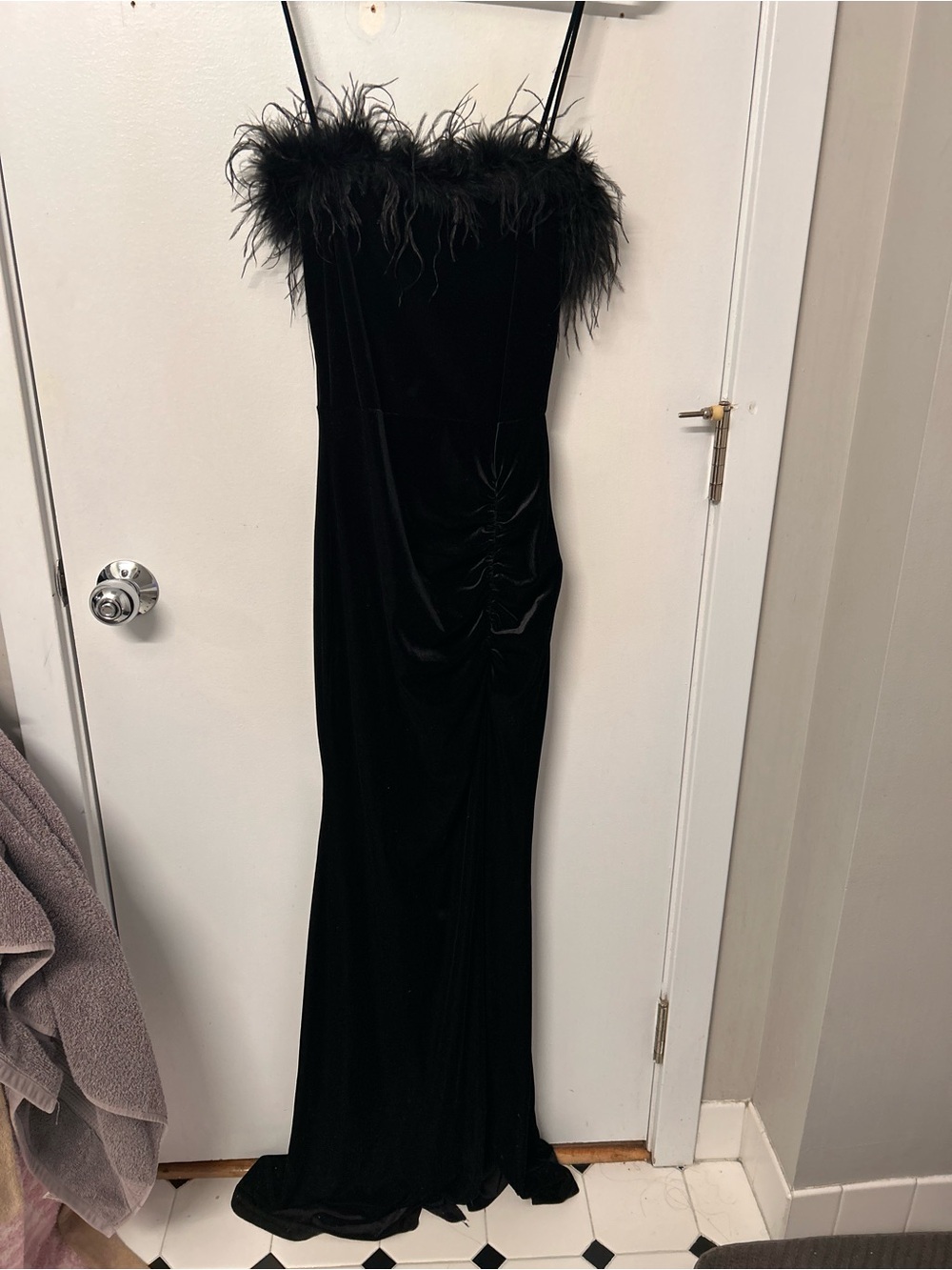 Windsor Black Velvet Maxi Dress with side ruching Feather Trim and side slit
